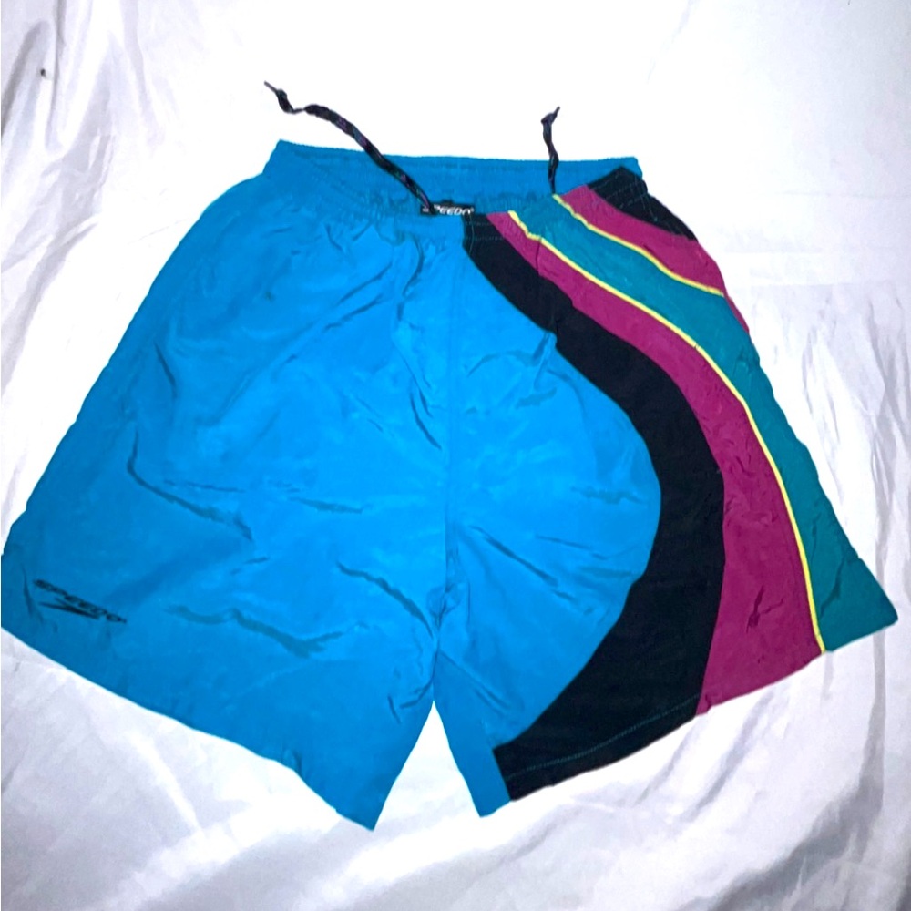 Vintage 90’s Men’s Medium Speedo Shorts Swim Trunks ColorBlock Teal Retro Design